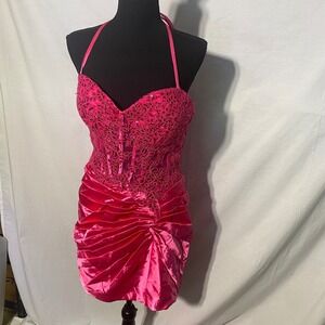 Hot Pink Lace Corset Ruched Halter Neck Party Dress Mini Size 14 Padded Cups Zip